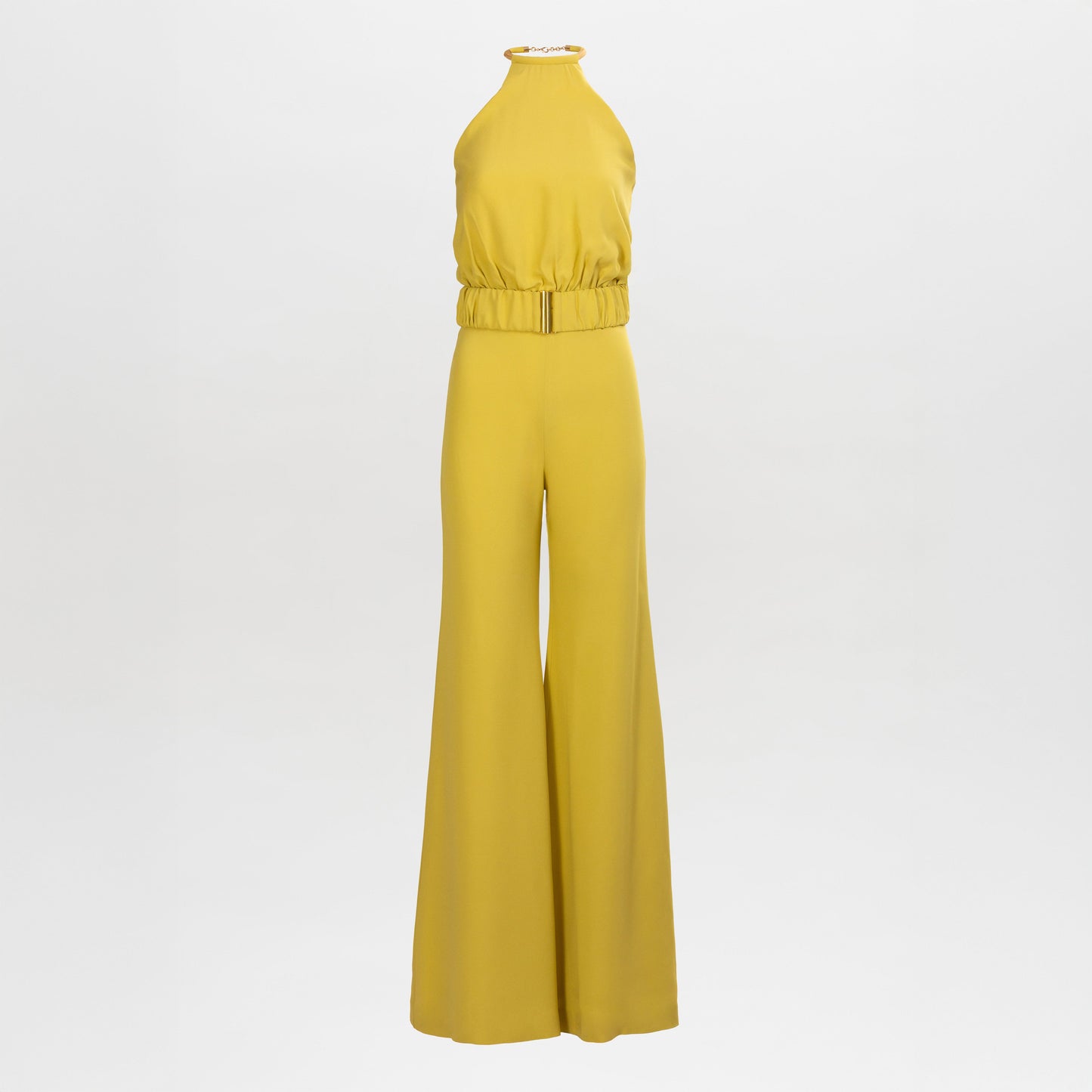 The Grosetto Jumpsuit is a sleeveless, yellow halter-neck jumpsuit featuring an elastic waistband and wide-leg pants, shown against a plain white background.
