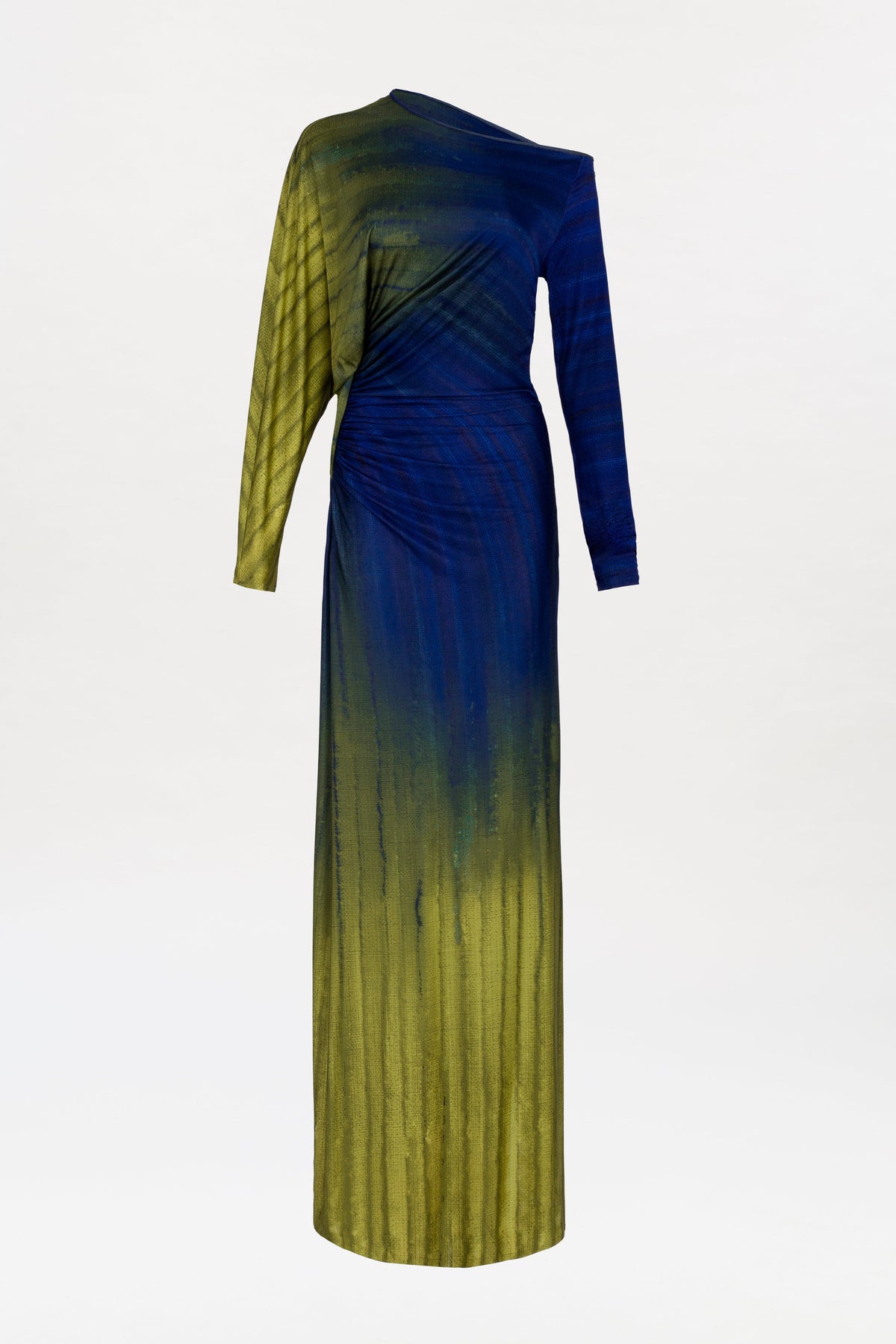 Saree Dress: This long-sleeved, floor-length design features an asymmetrical neckline and a gradient fabric that transitions from deep blue at the top to olive green at the bottom. Subtle vertical striping and ruched detailing at the waist complete the look.