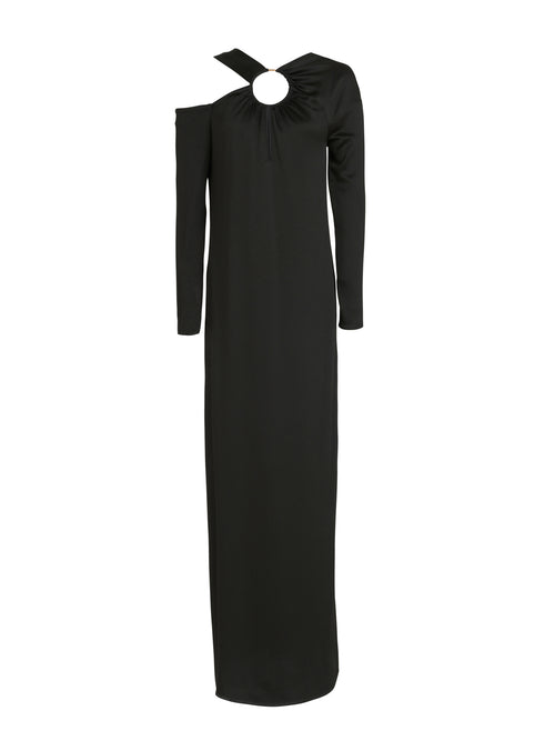 A timeless Turin Dress Black with elegant simplicity, featuring a cut out shoulder.