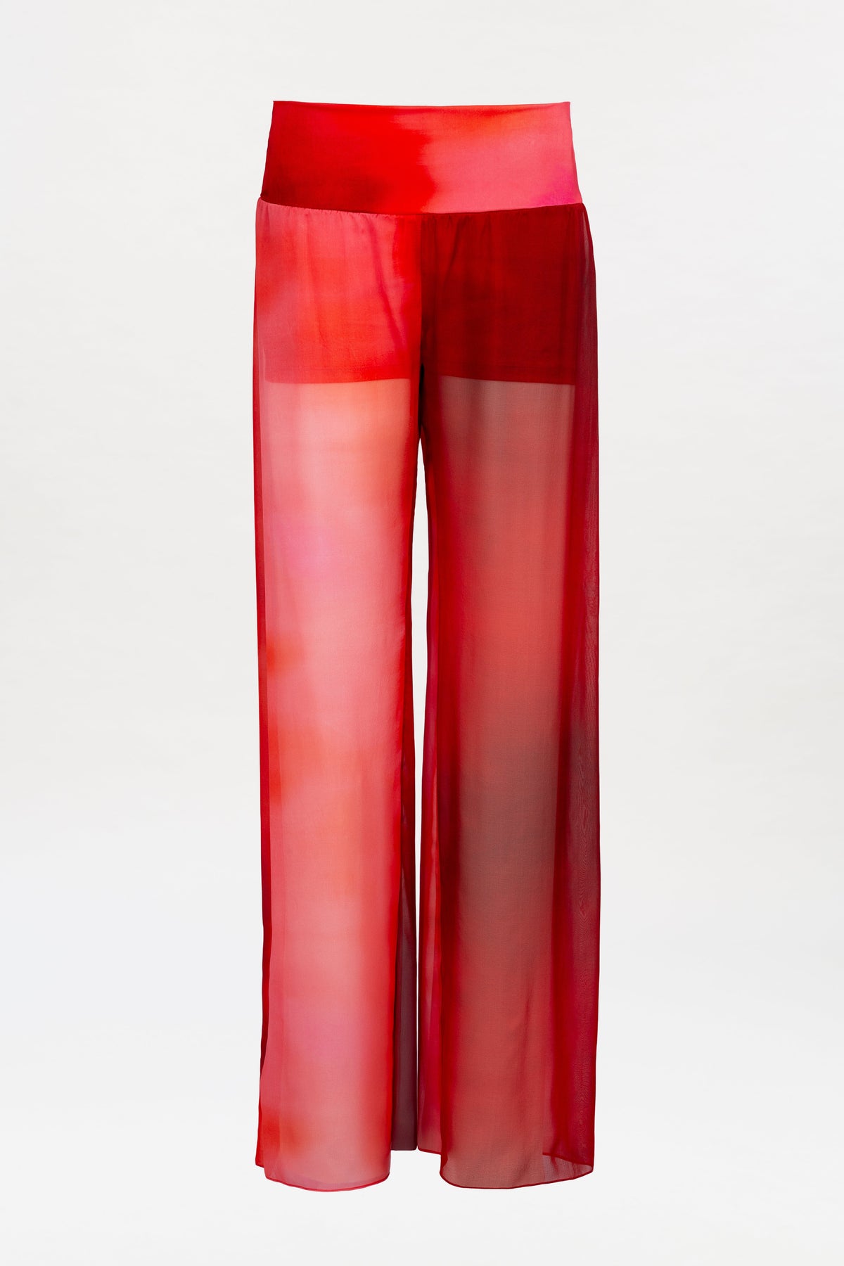 Lene Pant: High-waisted, sheer red pants with a wide waistband and a striking gradient effect that transitions from light to dark red. Crafted from lightweight, see-through fabric for an airy, flowy silhouette.