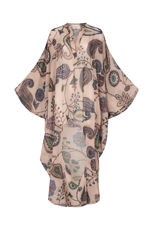 A Adaya Kaftan Blue Green Paisley silk kimono with long sleeves.