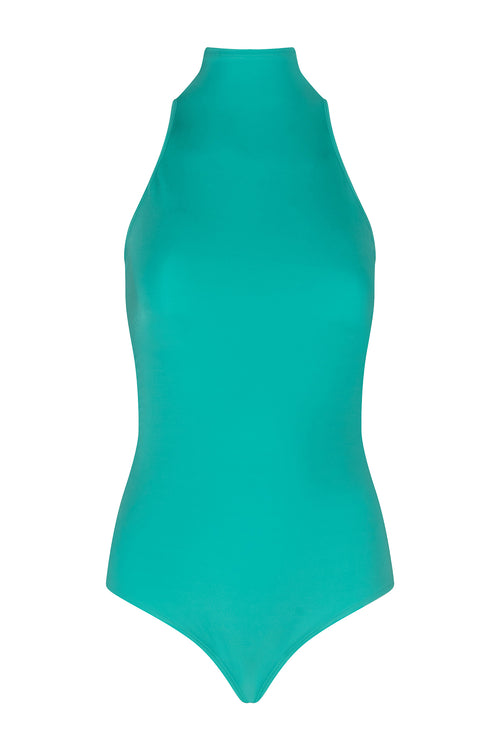 The Adina Bodysuit Aqua, with a halter neck made of stretch fabric, is a women's turquoise swimsuit.