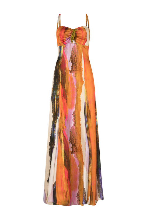 A Artis Dress Orange Orchid Abstract with an abstract multicolor print displayed on a mannequin, giving it a 3D feel.