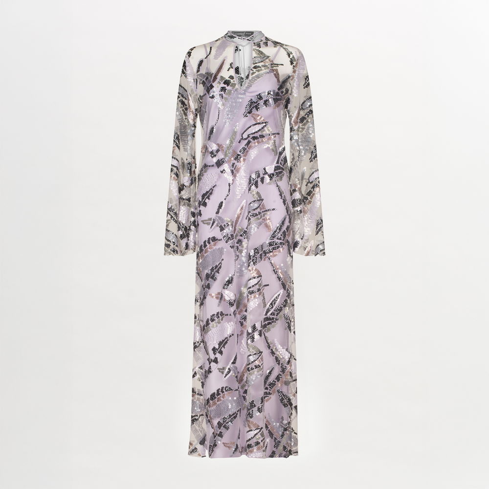 Andria Dress Lavender and Silver with a black and white print.