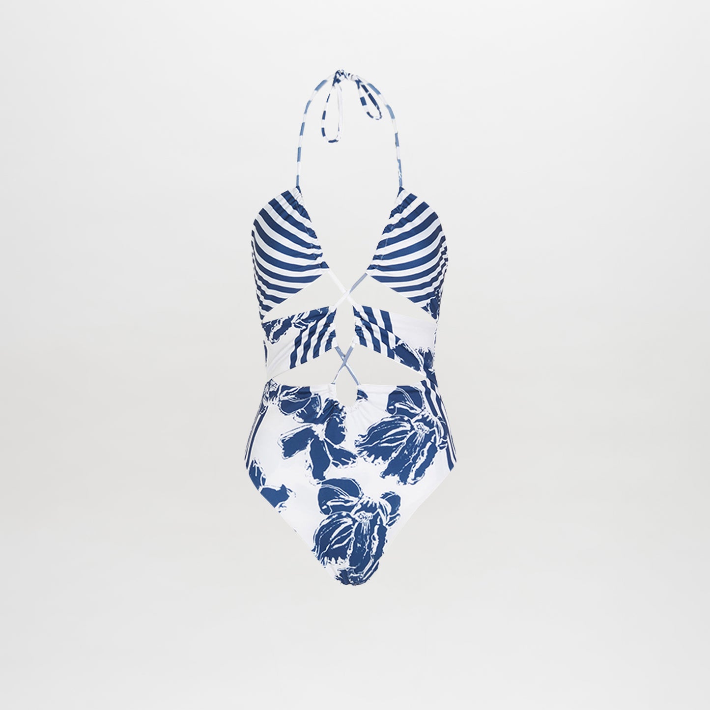 The Arai One Piece Azure Floral Stripes is a stylish swimsuit with a halter neck, chic cutouts, a blue and white striped top, and a floral striped print bottom on a crisp white background.