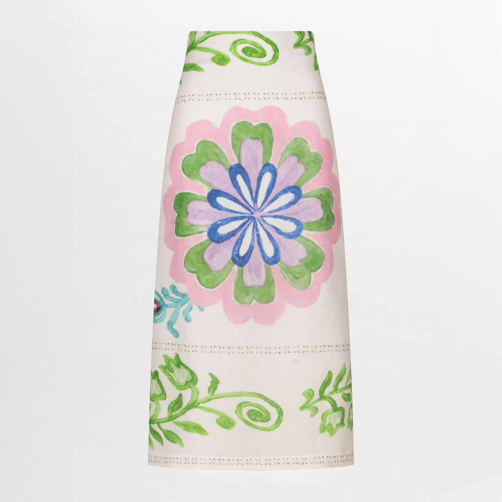 A white high-waisted Atira Skirt Multicolor Floral Print with invisible zipper.