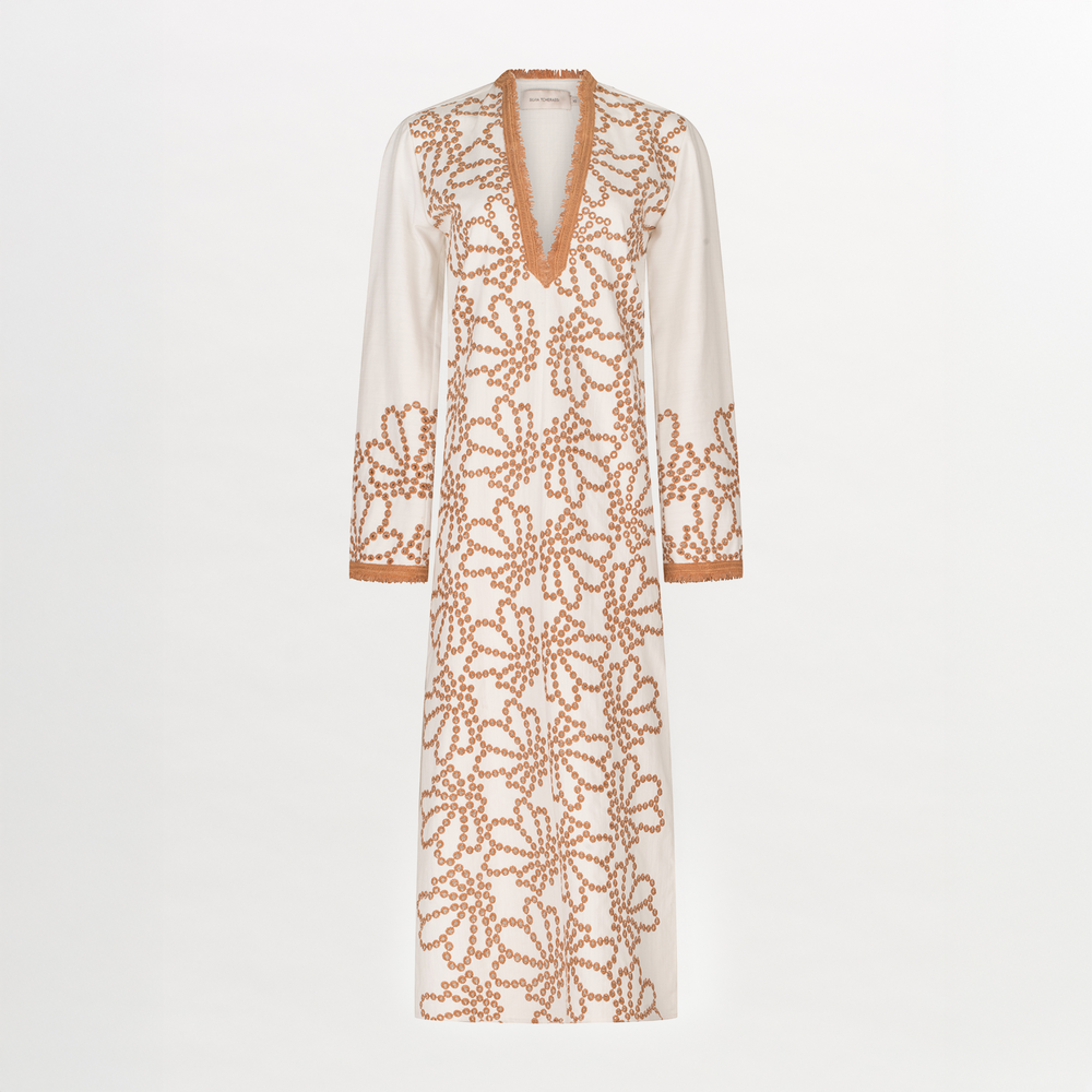 A Bernice Tunic White Cacao Eyelet dress with floral embroidery and embroidered eyelet contrast.