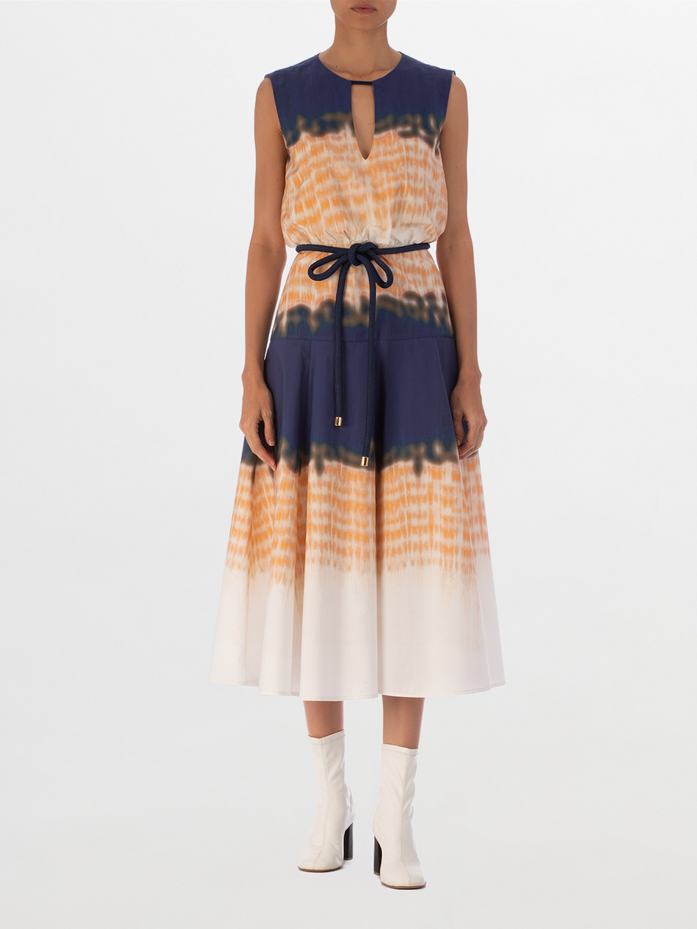 Bora Dress Mediterranean Coral Blue with abstract multicolor print, featuring a keyhole neckline and a navy belt.
