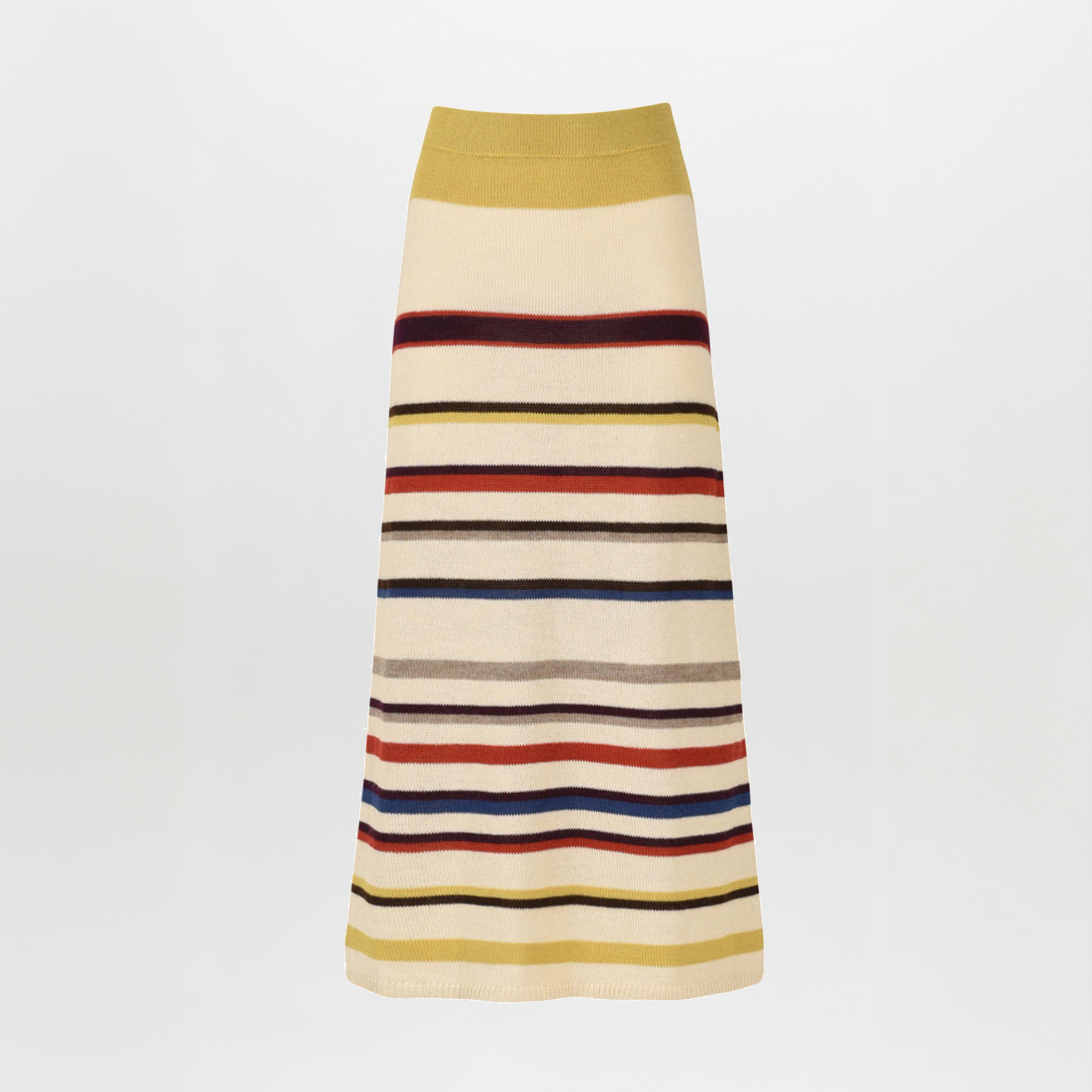 A person wearing the Brie Skirt in Multi Mustard Stripe, paired with strappy sandals, enjoys the comfort of sustainably dyed fabric.