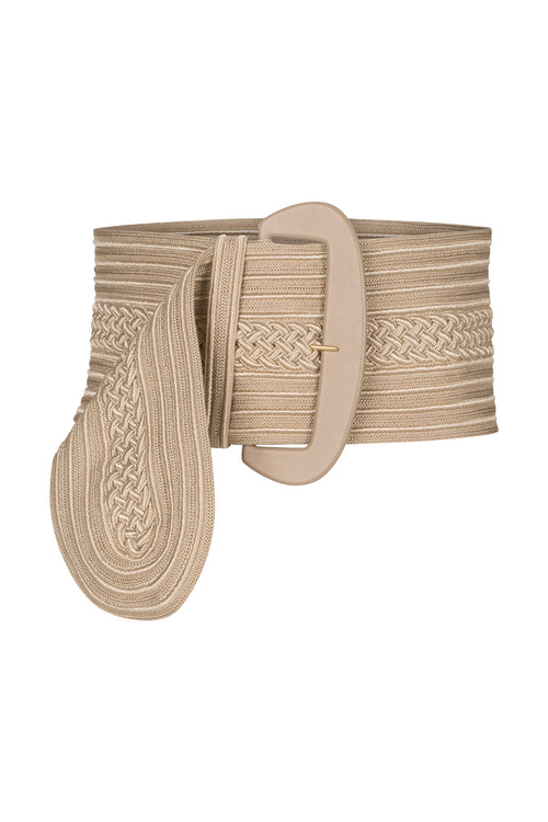 A Chenoa Belt Beige with a braided buckle made of viscose, creating a knit-effect wide belt.
