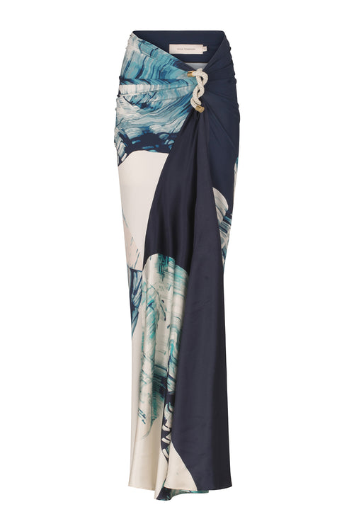 An Claudia Skirt Navy Abstract Wave in blue and white.