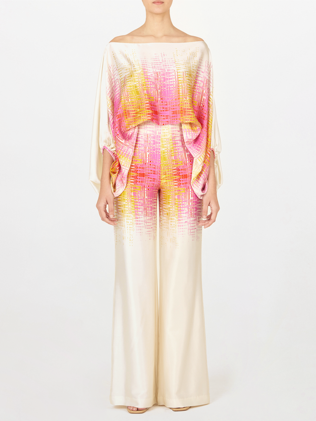 A silk Como Pant White Digital with an abstract pattern in white and pink, perfect for Spring 2023.