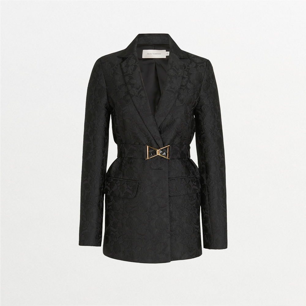 A structured Cuneo Jacket Black with a gold buckle detail.