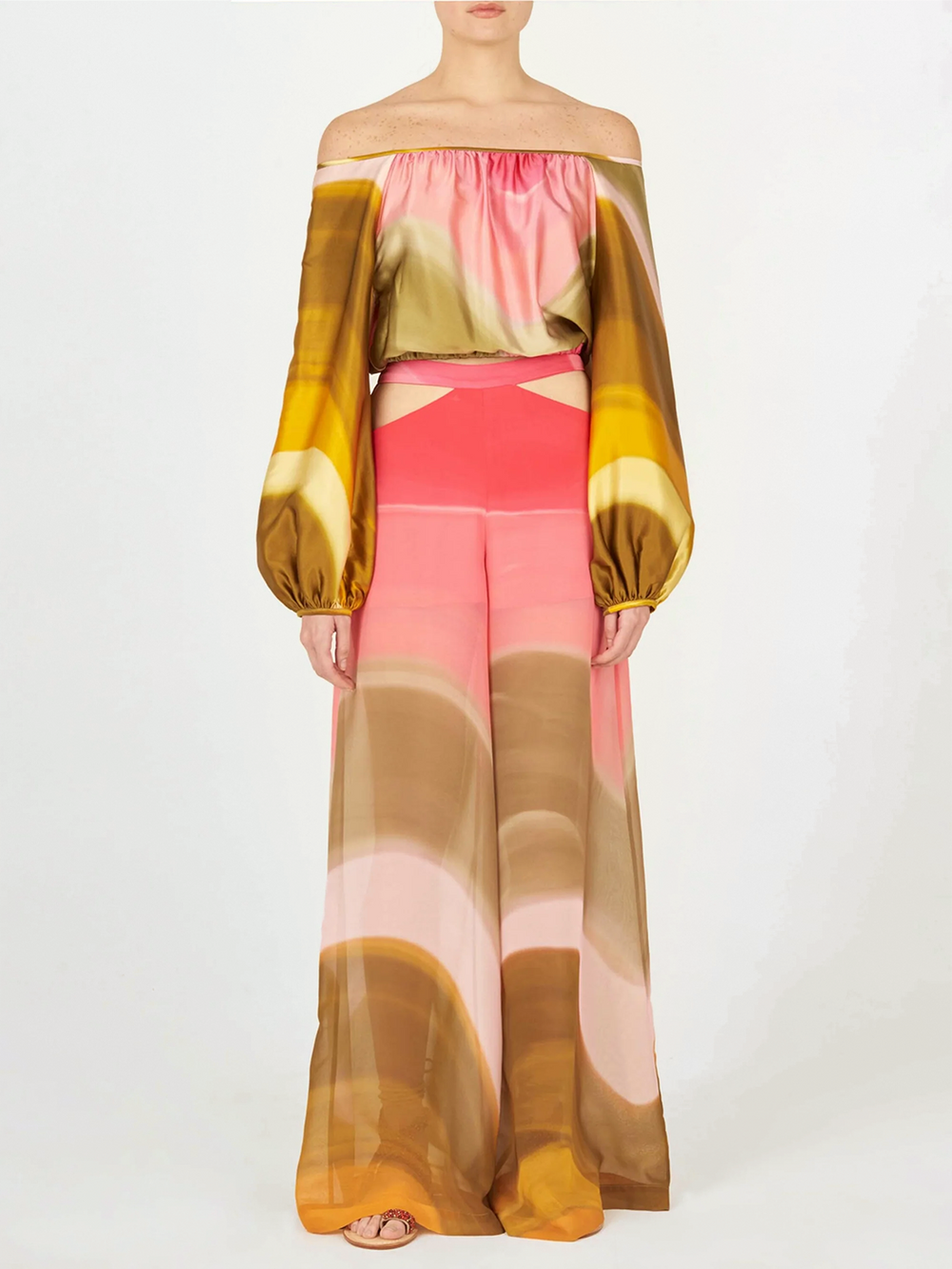 A Dariela Top Olive/Pink printed silk off the shoulder top.