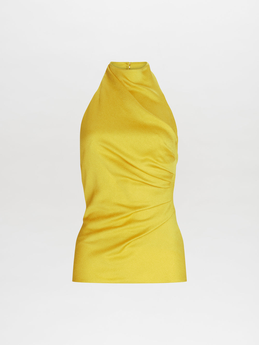 The Dina Blouse is a yellow halter neck top featuring a draped design, shown on a plain white background.