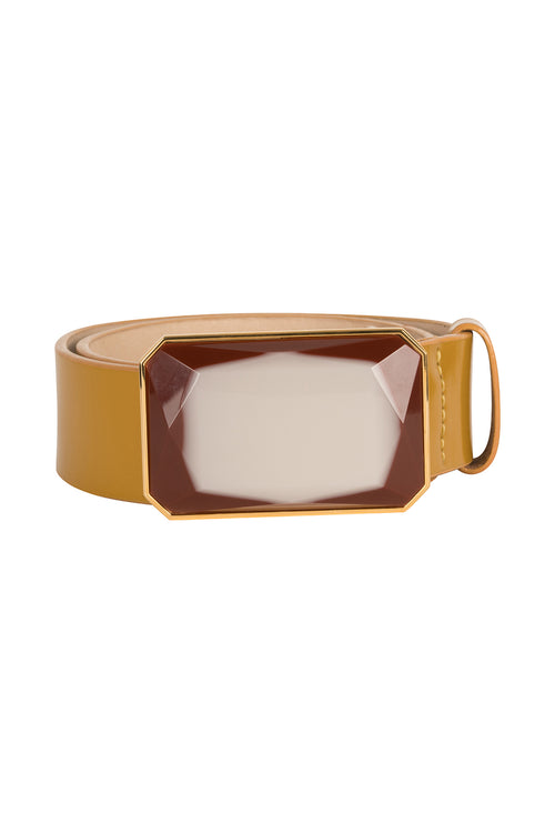 A Dora Belt Mustard with a white buckle offers a striking color contrast.