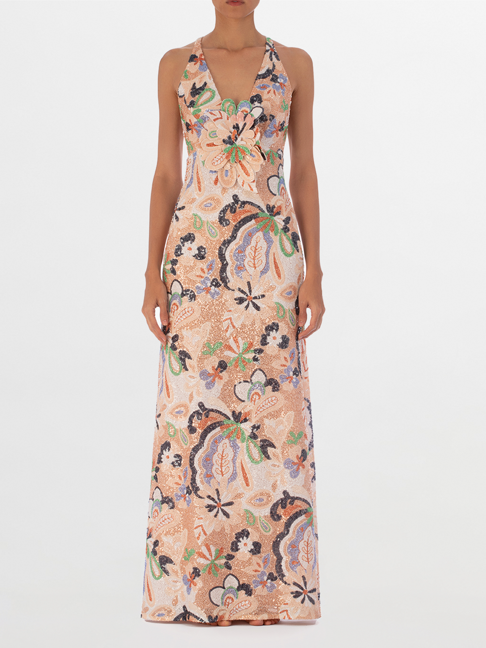 Sleeveless v-neck maxi Daira Dress Multi Pastel Sequins with a pastel floral print on a light peach background, featuring thin straps and a fitted silhouette.