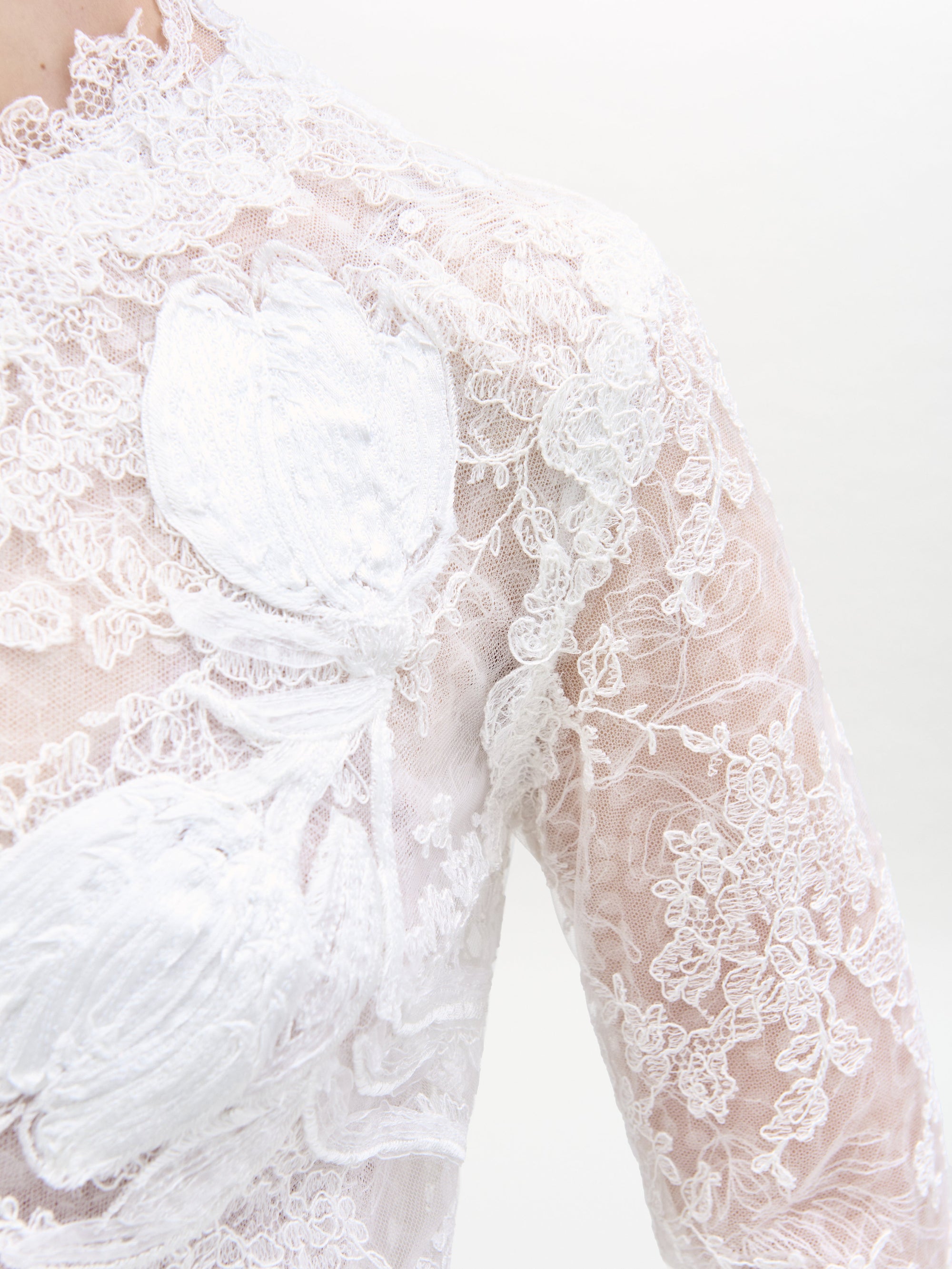 A person stands against a plain white background, arms crossed, wearing the Dava Dress—a sheer, long-sleeved lace dress with floral patterns.