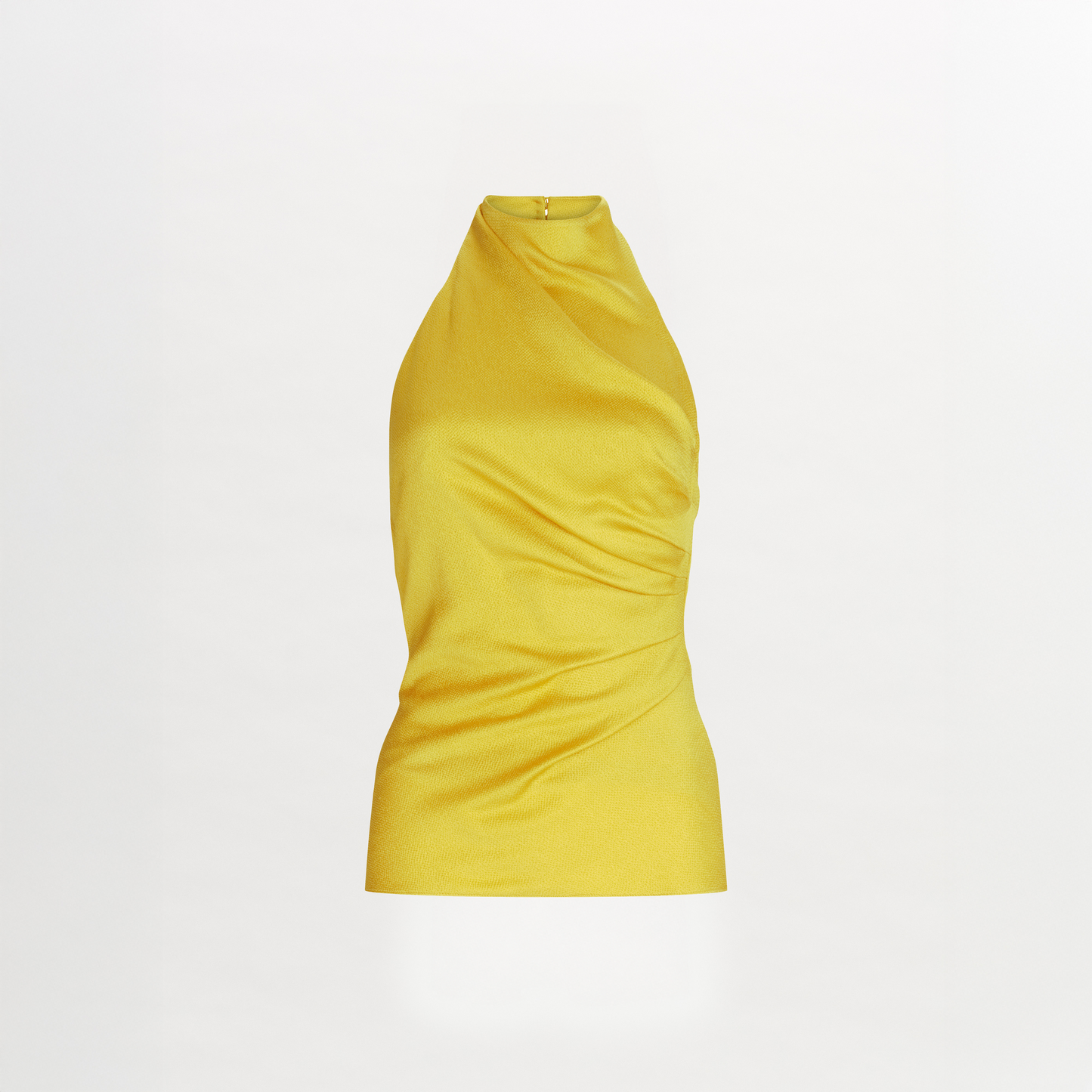 The Dina Blouse is a sleeveless yellow halter neck top in hammered satin, featuring a draped ruched design, made in Portugal and shown against a plain white background.