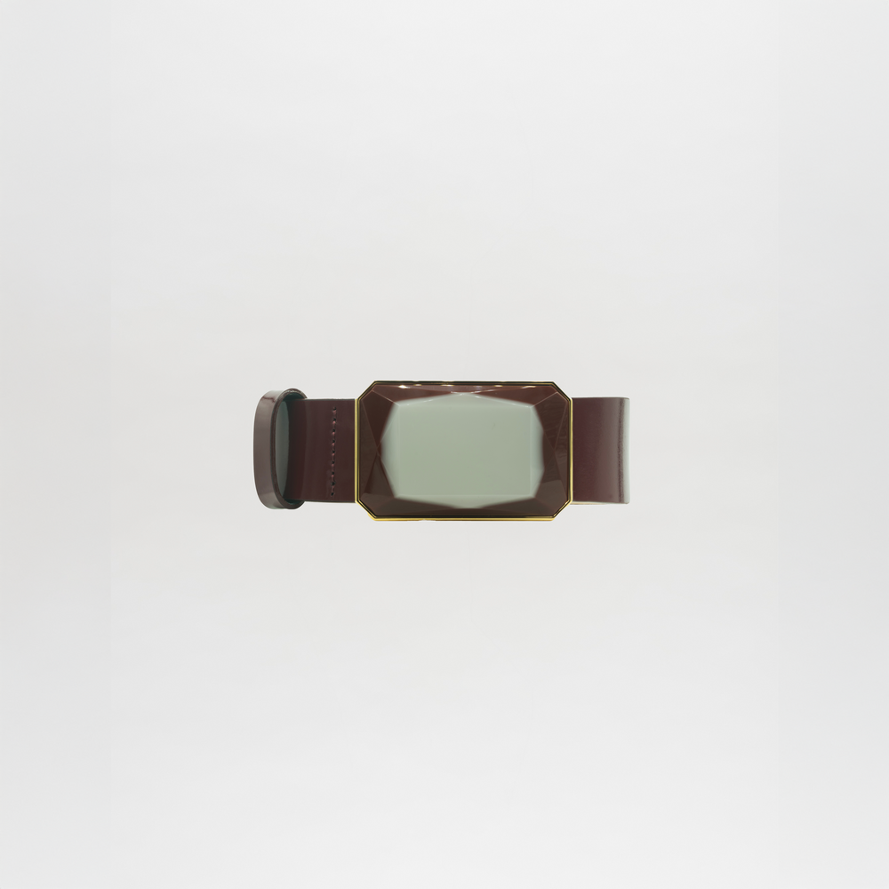 The Dora Belt is a brown belt with a large, rectangular, faceted buckle featuring a pale green center, displayed on a plain white background and ready to ship within days of your order.