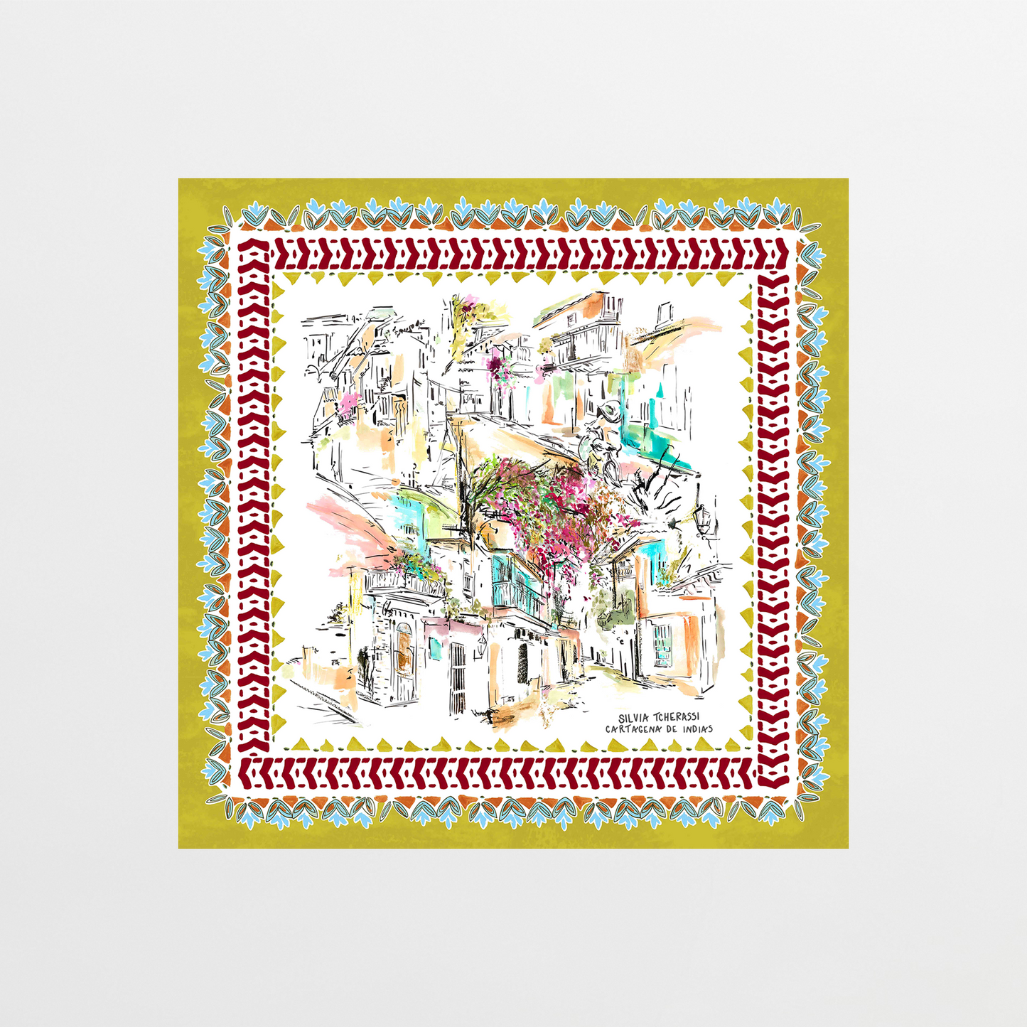 A vibrant, hand-drawn design of a Mediterranean village with flowers and white buildings, framed by an ornate border reflecting the red, blue, and gold patterns of the Callecitas De Cartagena Scarf.