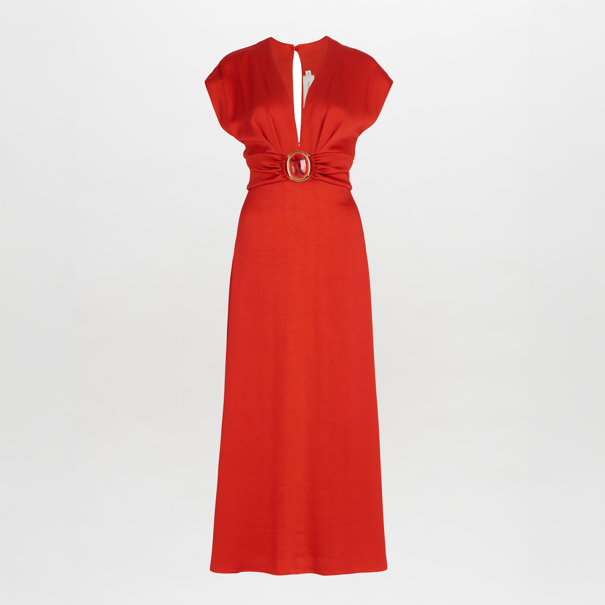Emmeline Dress Rouge, with a belt that features a plunging neckline.