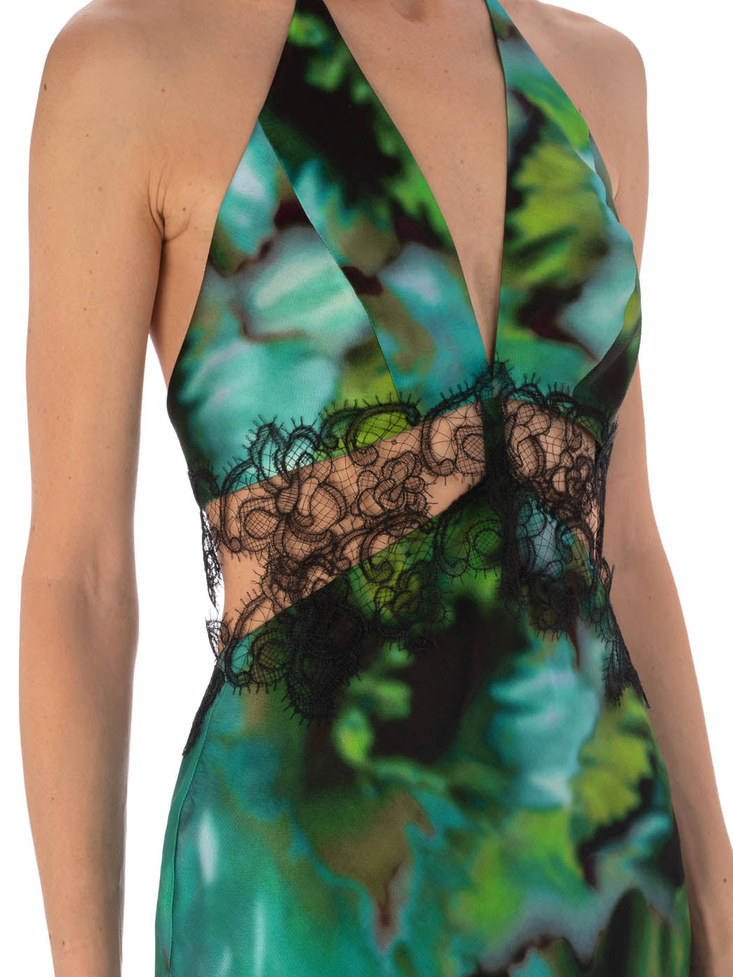 An elegant Eugenia Dress Juniper Green with a vibrant turquoise and green abstract pattern and black lace trim around the neckline and hem.