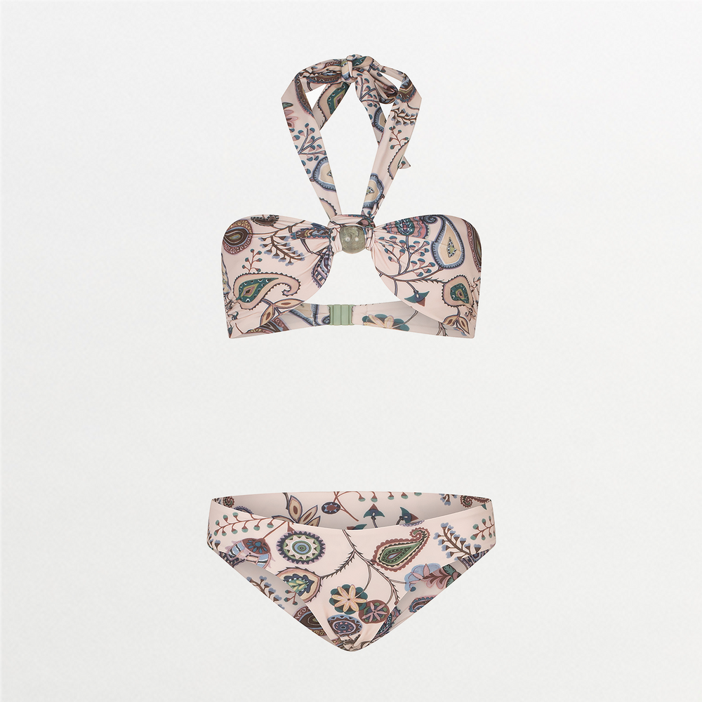 A Valderice Top + Fermina Bikini Bottom Blue Green Paisley bikini set made with lycra fabric for stretchy comfort.