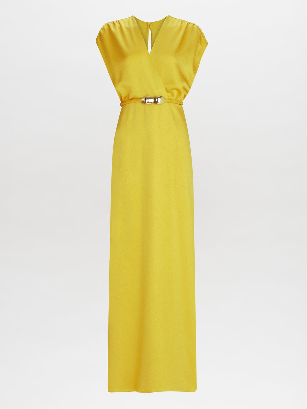 The Freda Dress is a yellow sleeveless gown featuring a V-neck and gathered waist, set against a plain white background.