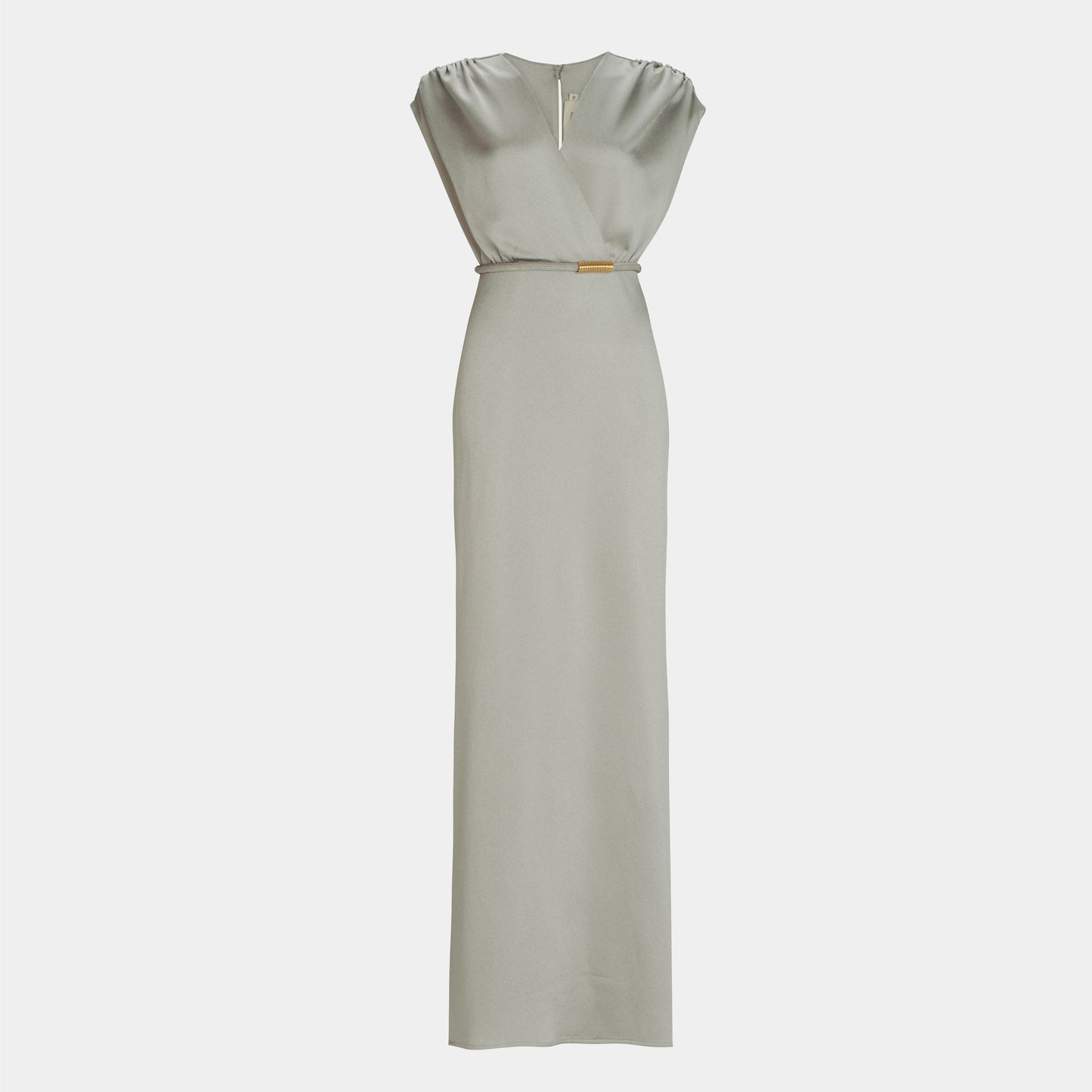 The Freda Dress is a sleeveless, floor-length light gray maxi dress with a V-neckline, gathered shoulders, and a slim waist belt, crafted from luxurious Italian fabric for a refined, fitted silhouette.