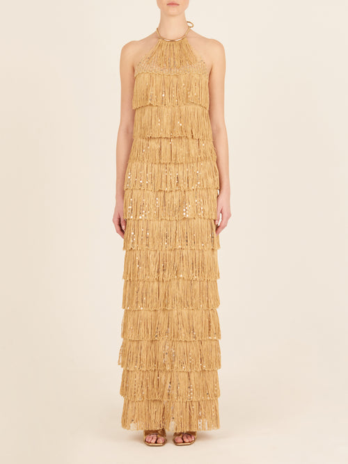Oriana Dress Gold with tiered gold fringe detailing, displayed on a white background.