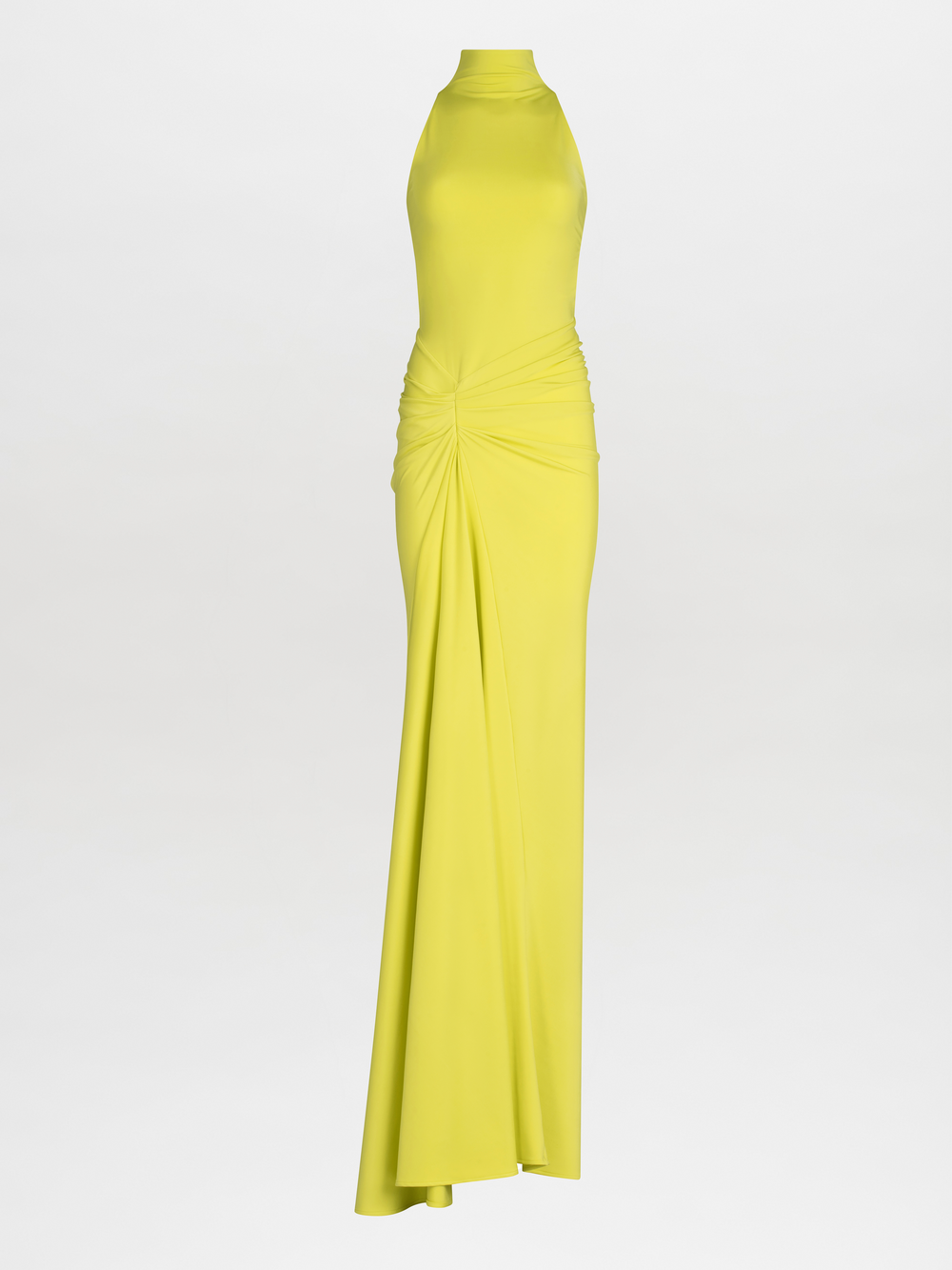 A person wearing the Frances Dress, a sleeveless, high-neck, floor-length yellow maxi dress with an asymmetric waistline and gathered detailing, stands against a plain white background.