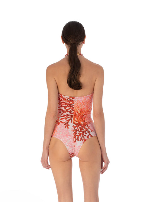 A Frazer Bodysuit Multi Coral with a multicolor coral print in shades of red and white, featuring a halter neckline and keyhole cutout.