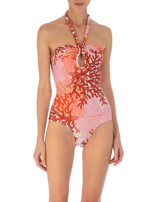A Frazer Bodysuit Multi Coral with a multicolor coral print in shades of red and white, featuring a halter neckline and keyhole cutout.