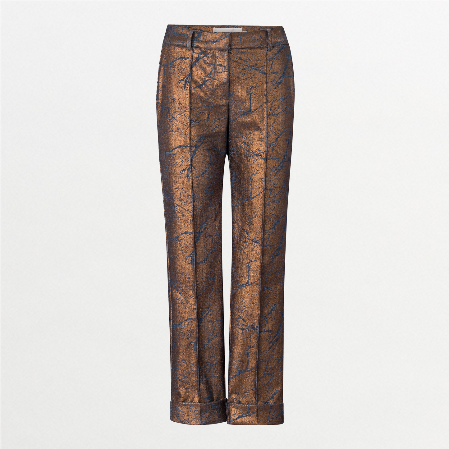 The Garmet Pant features a bronze metallic sheen, mid-rise cropped fit, straight leg, subtle branch pattern, front pockets, and cuffed hems. Displayed against a plain white background.