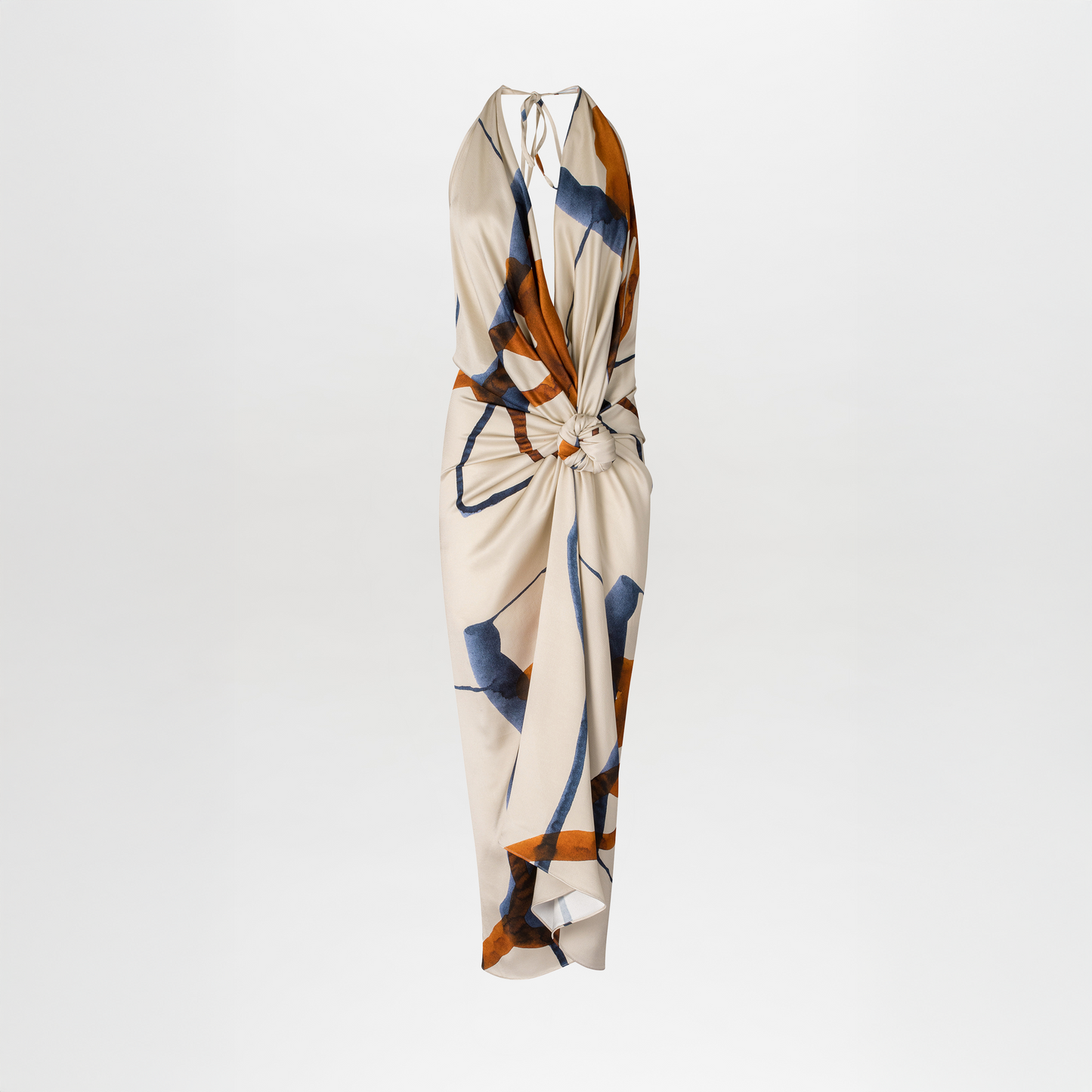 A model showcasing a Guadalupe Dress Cobalt Copper Abstract.