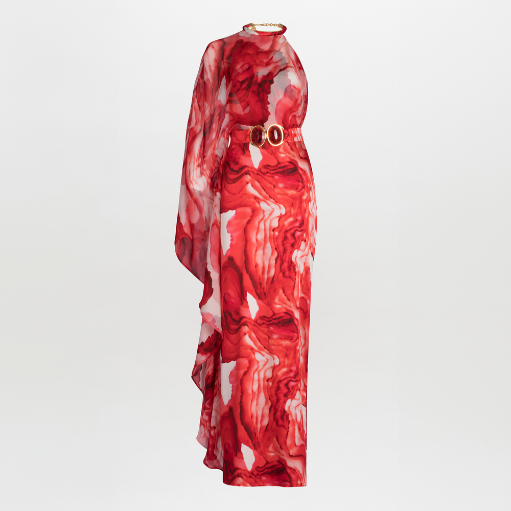 Mannequin dressed in a Gael Dress Multi Abstract Rouge, featuring a removable belt with marbled resin buckles, high neckline, and a lightweight chiffon drape on