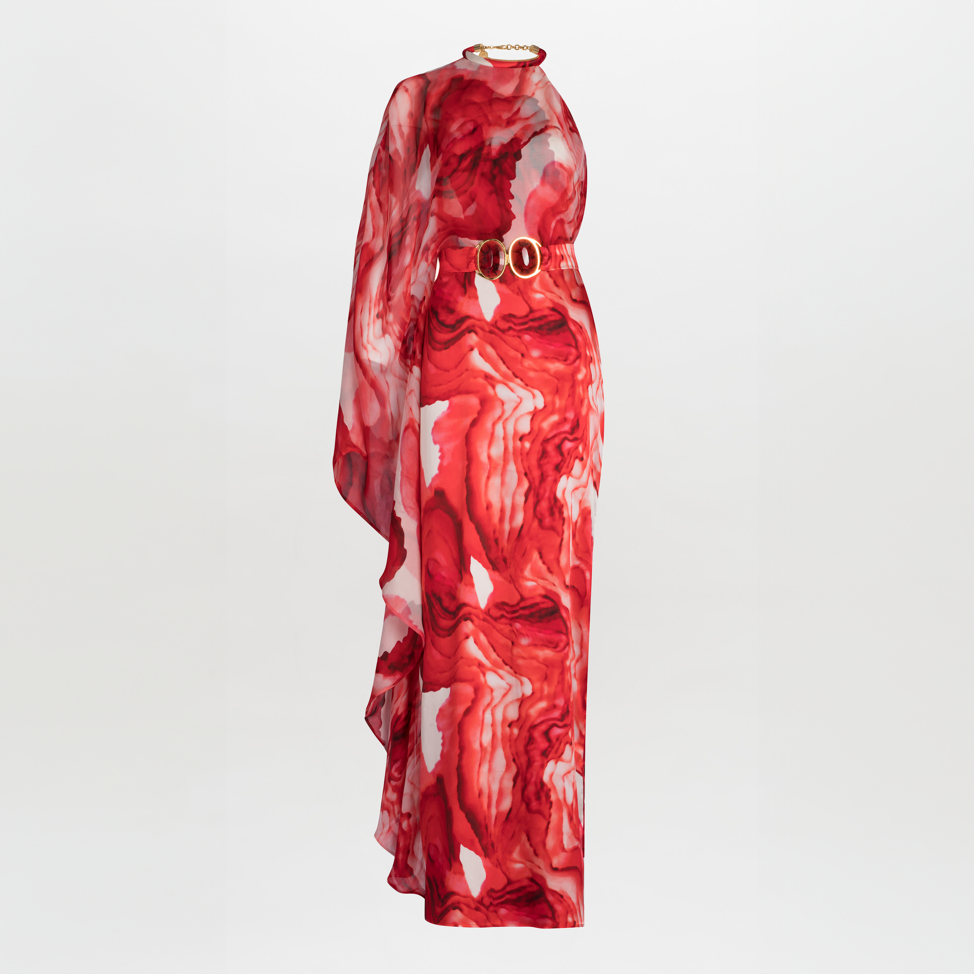 Mannequin dressed in a Gael Dress Multi Abstract Rouge, featuring a removable belt with marbled resin buckles, high neckline, and a lightweight chiffon drape on