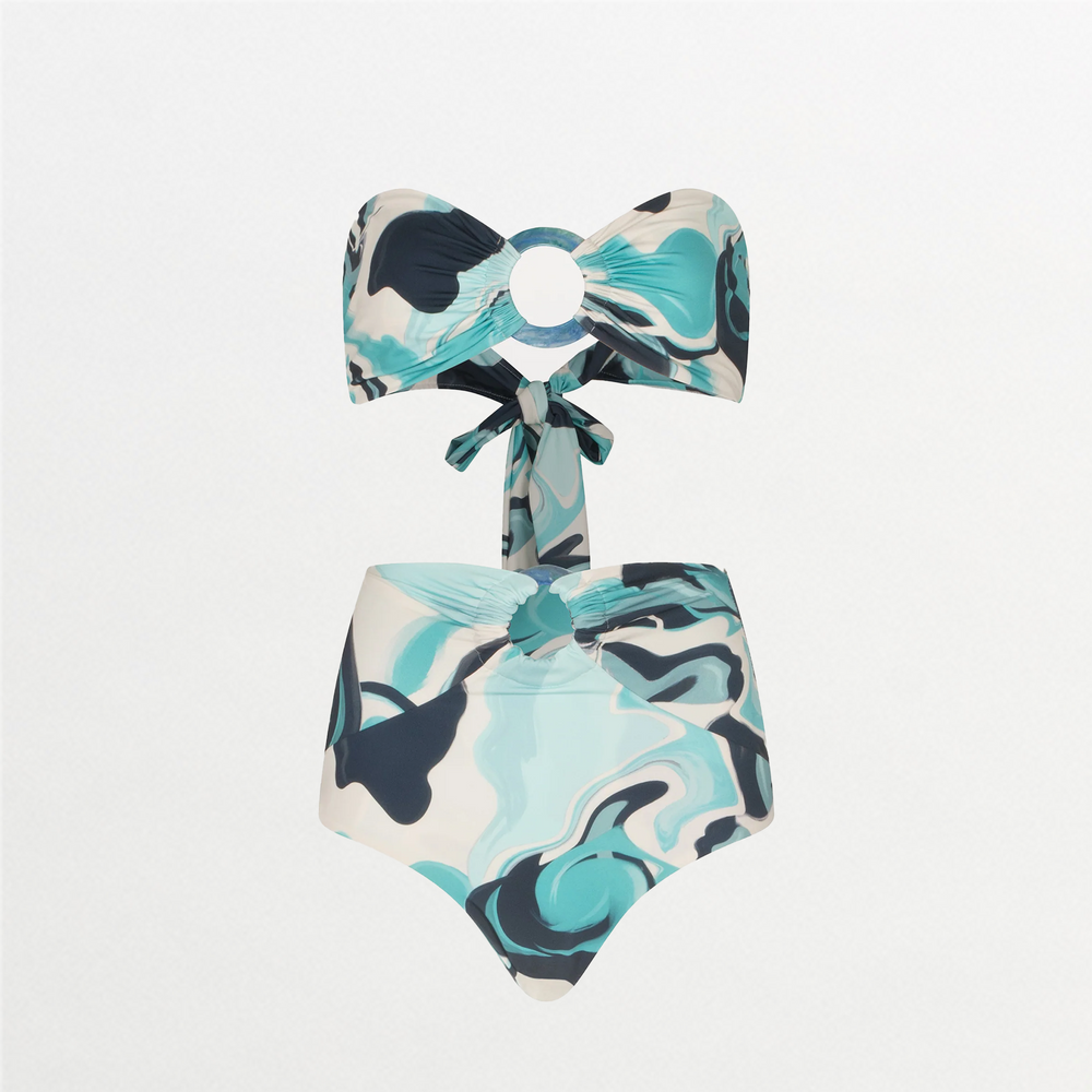 A Garlenda Top + Lecco Bikini Turquoise Marble with an abstract print and resin ring detail in blue and white.