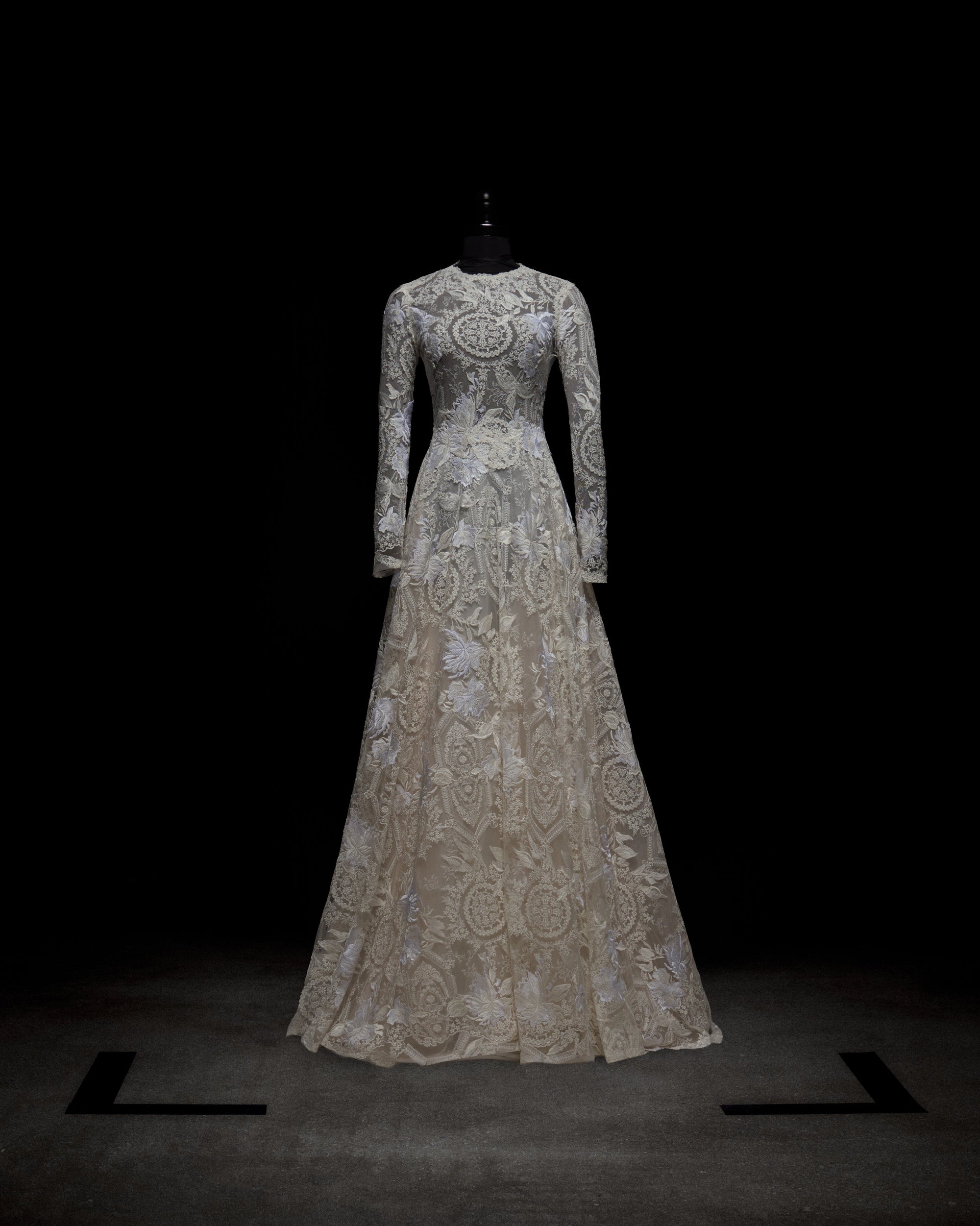 A woman poses against a plain background in the Hermoine Dress, an ornate lace bridal gown featuring long sleeves and a flowing train.