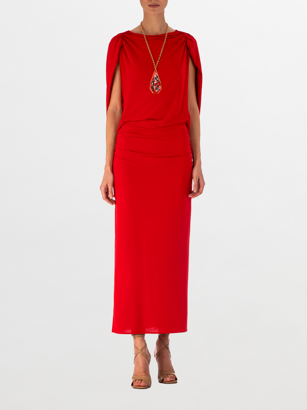 Harriet Dress Rouge evening dress with draped boat neckline, elbow-length sleeves, and a fitted waist on a white background.