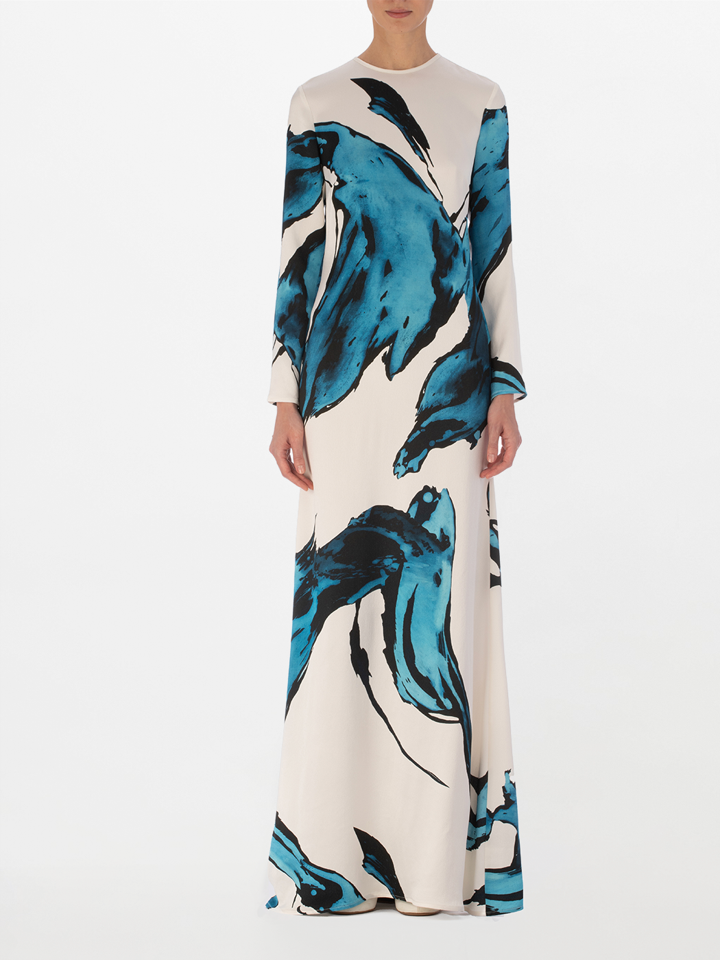 A Ida Dress Multi Abstract Waves with large blue abstract patterns, displayed on a plain background.