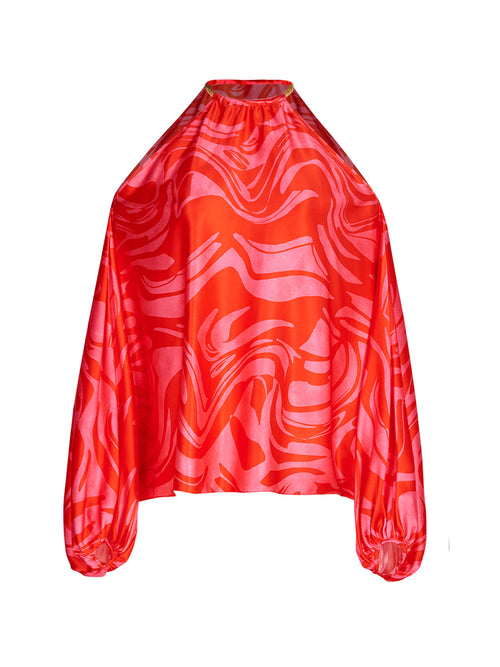 A red top with a swirl pattern inspired by the Tcherassi silhouette and Janina Blouse Pink Red Marble design.