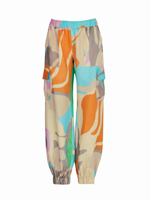 A girl's Jess Pant Pastel Multi Swirls with an elastic waistband.
