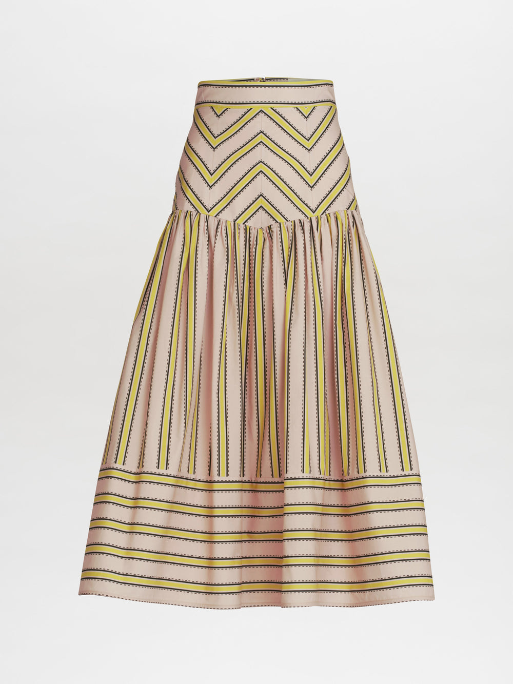 The Kristina Skirt has a fitted waist and flared hem, featuring tan, yellow, and black geometric stripes.