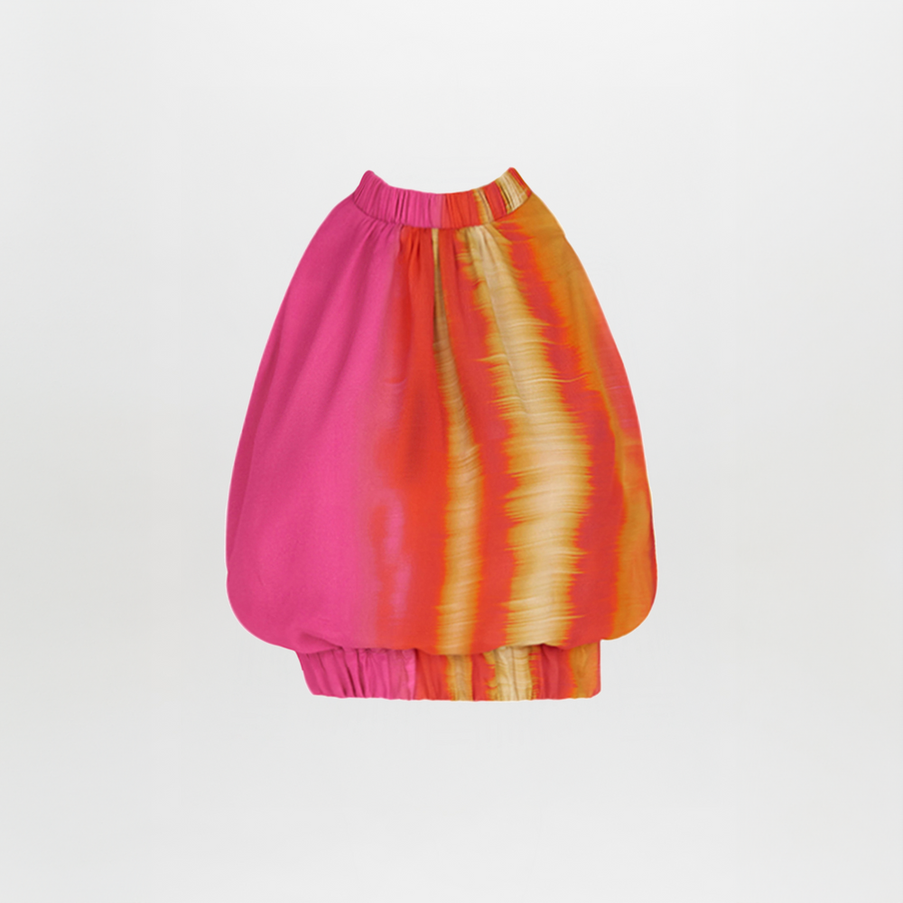 A colorful, balloon-style skirt with a vibrant pink, orange, and yellow tie-dye design, featuring an elastic waistband and hem—a timeless selection that pairs perfectly with the Leire Blouse Fuschia Lime Stripes.