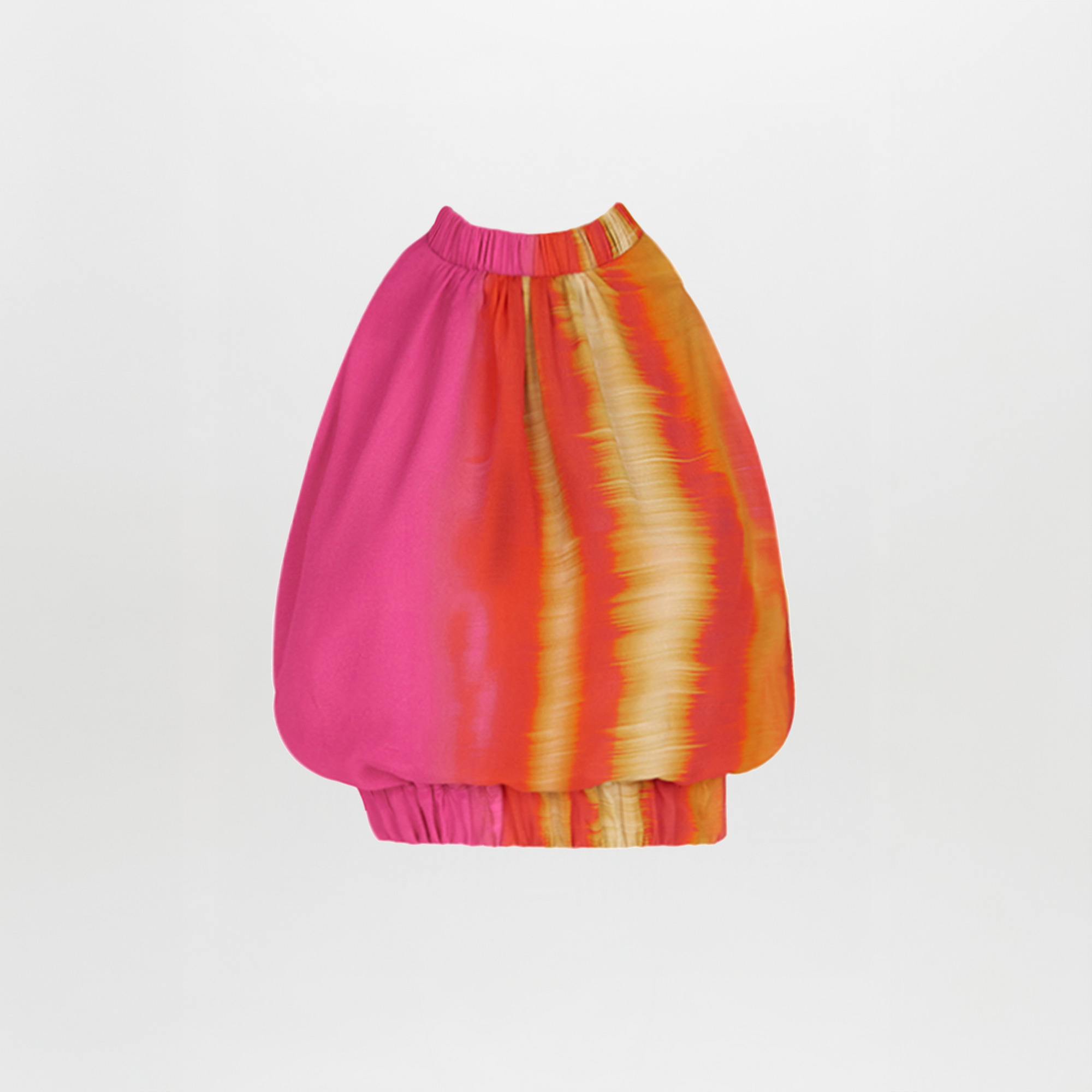 A colorful, balloon-style skirt with a vibrant pink, orange, and yellow tie-dye design, featuring an elastic waistband and hem—a timeless selection that pairs perfectly with the Leire Blouse Fuschia Lime Stripes.