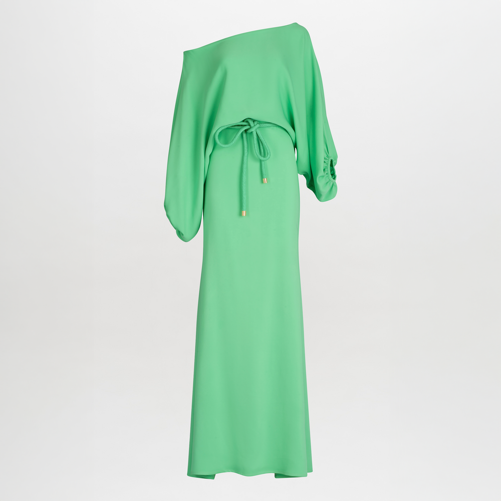 Bright Lorella Dress Seafoam with metallic detailing, featuring a bow-tied sleeve and fitting silhouette, isolated on a white background.