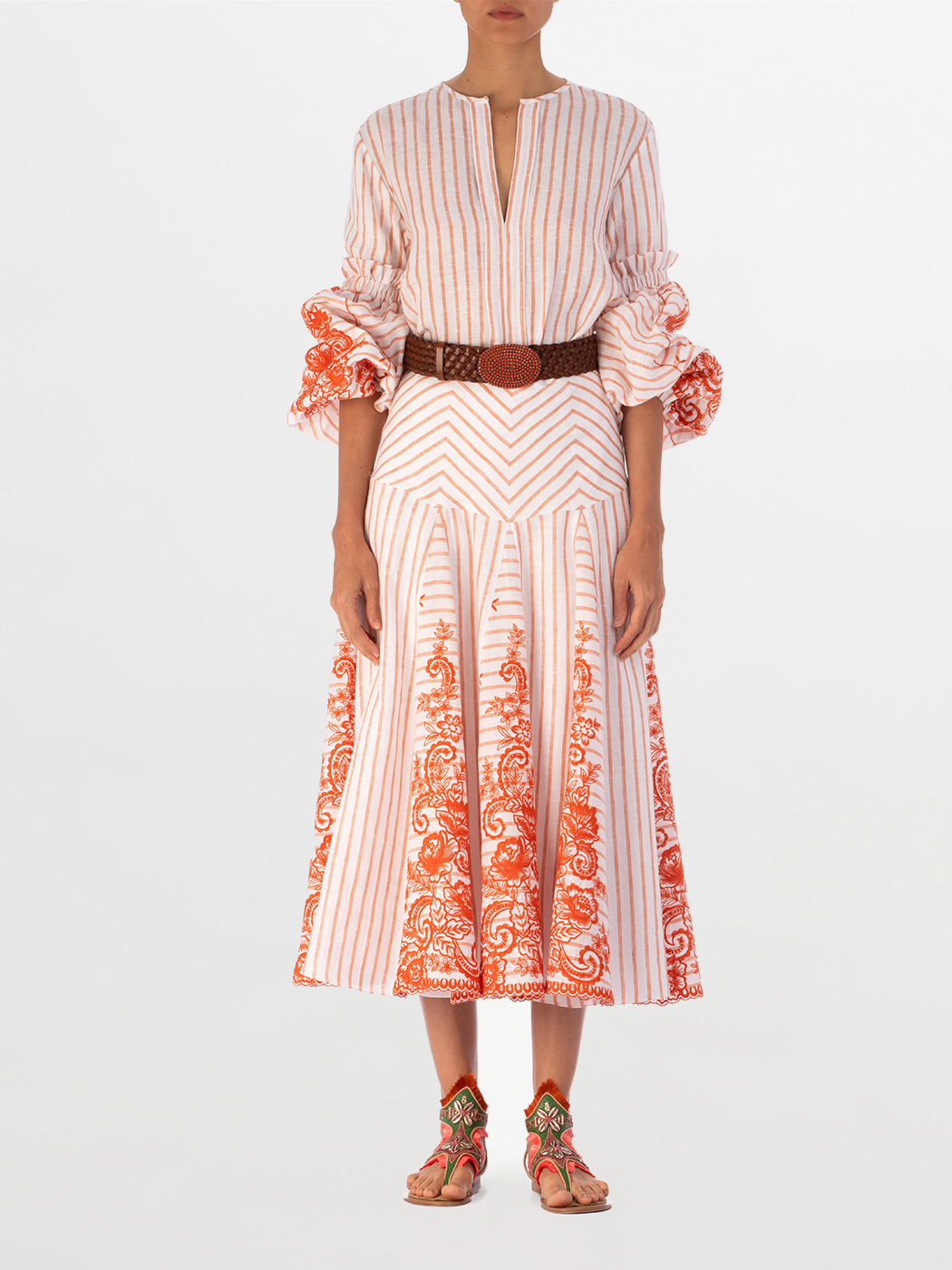 Lucaya Blouse Coral Paisleys Stripes with bell sleeves and orange paisley patterns on the cuffs, displayed on a plain background.