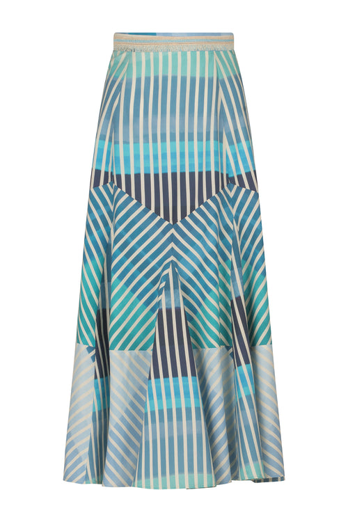A Madaini Skirt Infinite Blue Stripes with a multicolor stripe pattern.